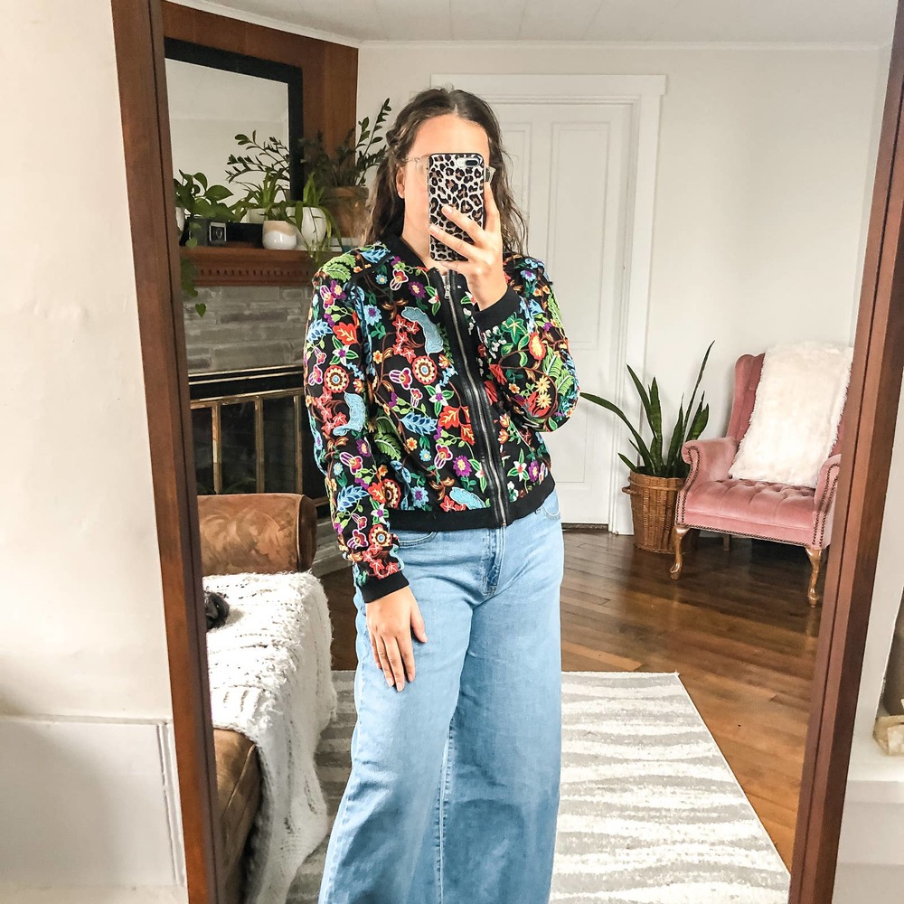 DOLCE CABO | Women's Medium Black Multicolored Floral Embroidered Bomber Jacket